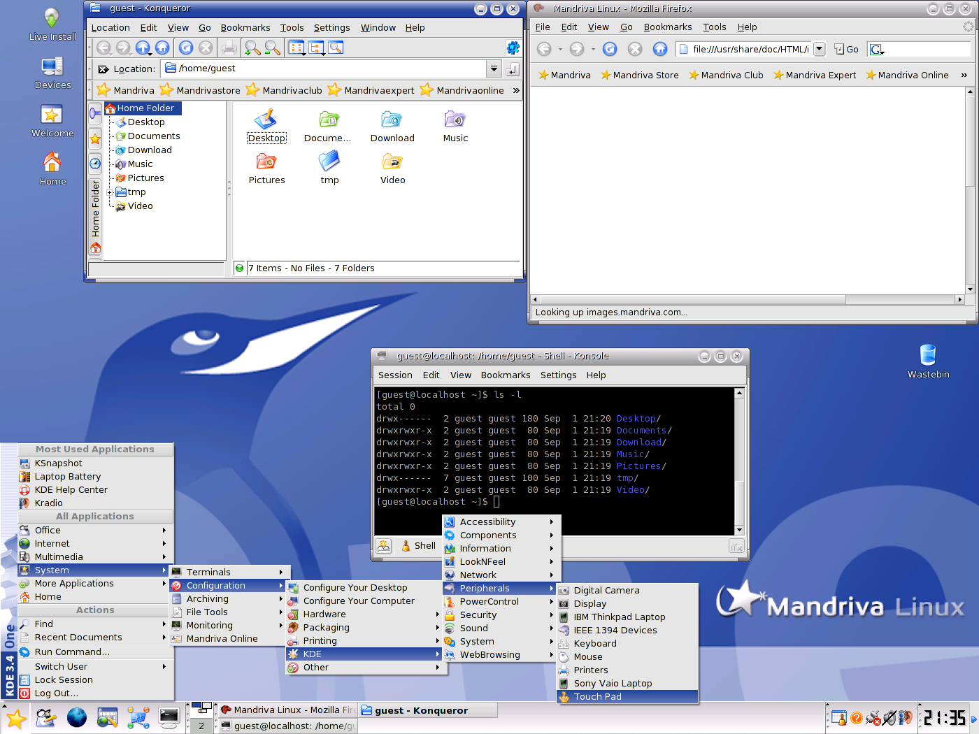 screenshot of Mandriva One 2006 with a selection of applications running