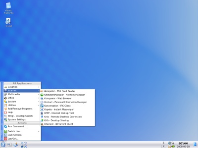 screenshot of Kubuntu 8.04 showing KDE menu