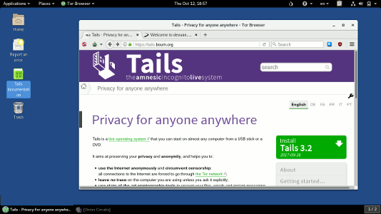 screenshot of Tails showing tor browser